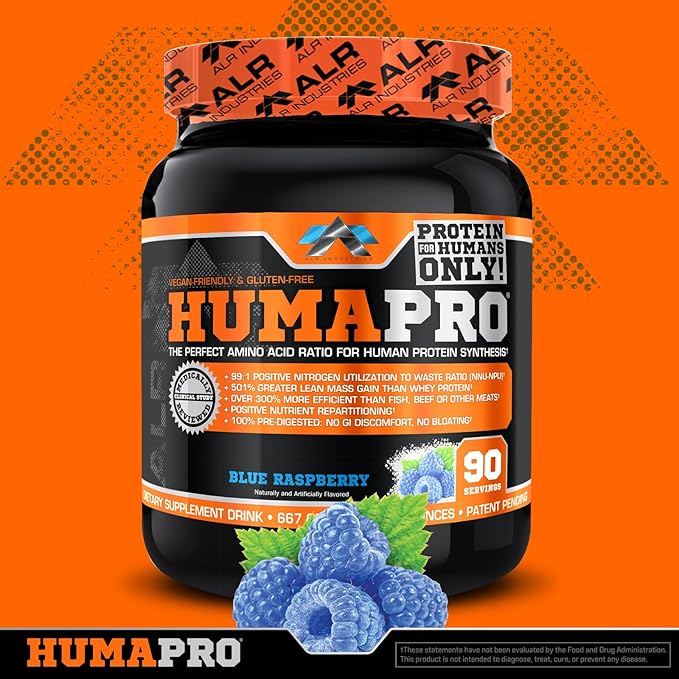 Humapro | Amino Acids Protein Matrix for Humans | 99% Utilization for Lean Muscle | Vegan, Gluten Free | 667g / 90 Servings (Blue Raspberry)