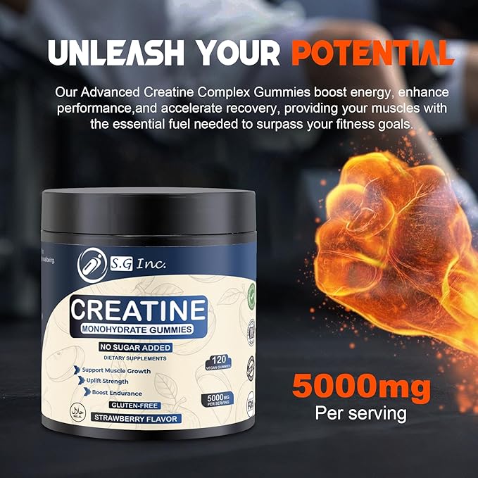 S.G Creatine Monohydrate Gummies for Men & Women ‒ Sugar Free 5g Creatine Monohydrate Gummies for Muscle Support ‒ Pre-Work Out Chewable Supplements for Energy Boost ‒ Strawberry Flavored 120 Gummies