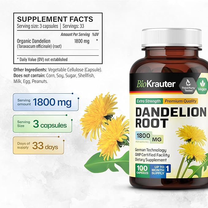 BIO KRAUTER Dandelion Root Capsules - 1800 mg Strength - 100 Count - Dandelion Root Supplement - Vegan Dandelion Powder Capsules for Digestion, Liver Support, Cleansing and Immunity