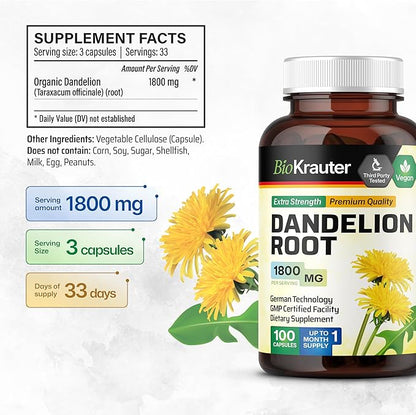 BIO KRAUTER Dandelion Root Capsules - 1800 mg Strength - 100 Count - Dandelion Root Supplement - Vegan Dandelion Powder Capsules for Digestion, Liver Support, Cleansing and Immunity