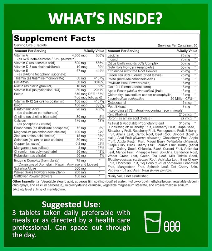 Potent Garden Adult Multivitamin for Women & Men, 42 Fruits & Vegetables Plus Probiotics, Supports Energy Metabolism & Immune System, Daily Multivitamin for Men & Women Non-GMO, 90 Tabs, 30 Servings