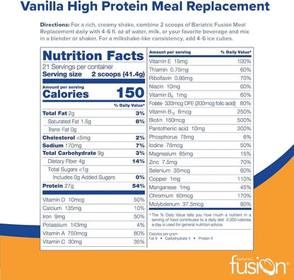 Bariatric Fusion Vanilla High Protein Meal Replacement Shake | 27g Whey Isolate Bariatric Protein Powder | Lactose Free Whey Protein Powder | Gluten and Sugar Free | 21 Servings
