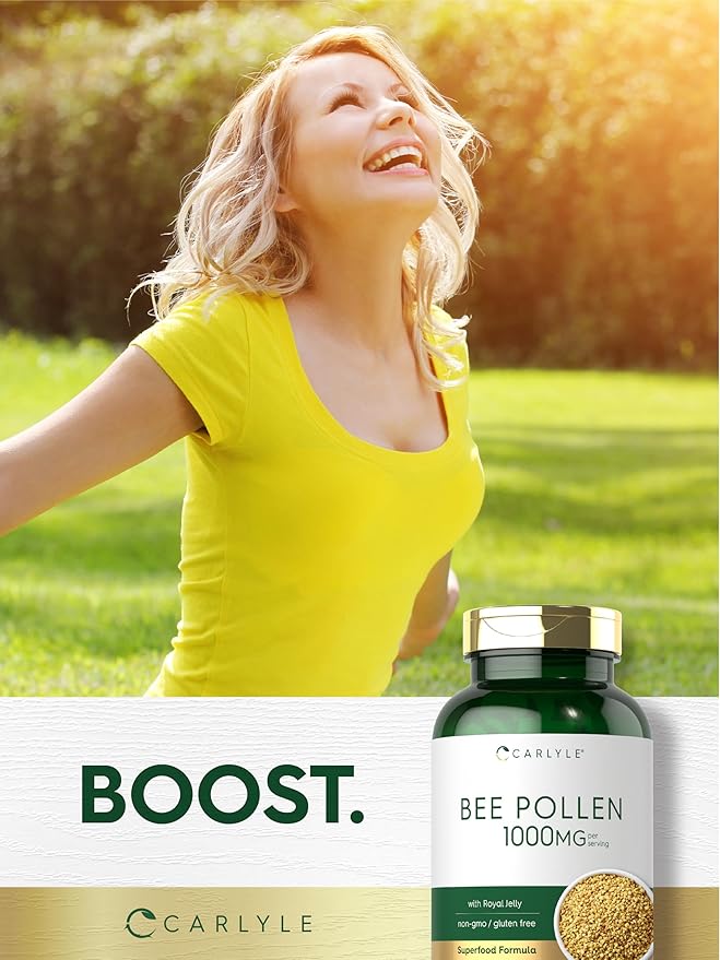 Carlyle Bee Pollen Supplement | 1000mg | 200 Caplets | with Royal Jelly and Bee Propolis | for Men and Women | Vegetarian, Non-GMO, Gluten Free