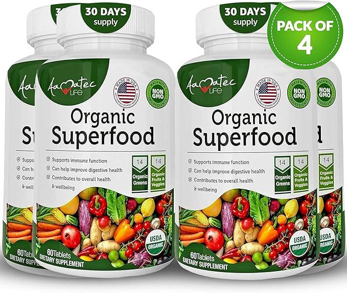 Organic Superfood Greens Fruits and Veggies Complex - Best Dietary Supplement with 14 Greens and 14 Fruits & Vegetables with Alfalfa Rich in Antioxidants Organic Ingredients Non-GMO 240 Tablets