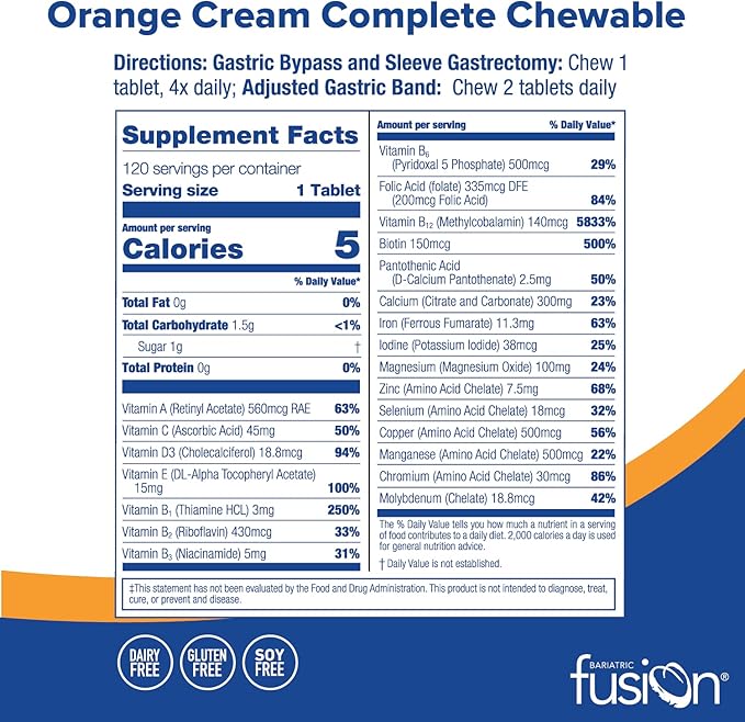 Bariatric Fusion Orange Cream Flavored Complete Chewable Bariatric Multivitamin with Iron for Bariatric Surgery Patients Including Gastric Bypass and Sleeve Gastrectomy - 120 Tablets