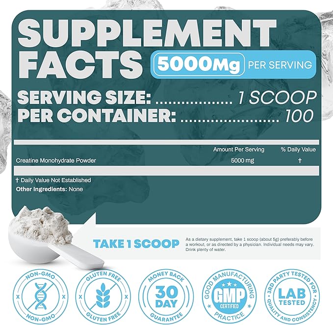 Performance Micronized Creatine Monohydrate Powder Supplement, 5000mg (5g), 100 Servings, Unflavored, Gluten Free, Non-GMO, Vegan