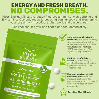 Viter Energy Caffeinated Mints 40mg Caffeine, B Vitamins, Sugar Free. (Spearmint, 8oz, Bulk Bag)
