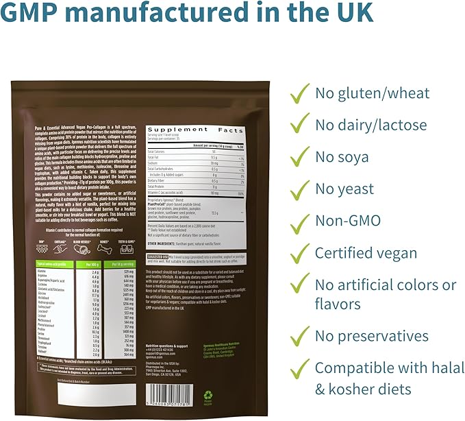 Advanced Vegan Vanilla Collagen Peptide Powder, Enhanced with Glycine, Proline & Hydroxyproline & Cofactor Vitamin C, Non GMO, Vegetarian Plant Based Collagen Powder Booster, 35 Servings, by Igennus