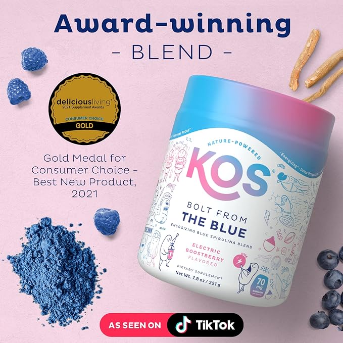 KOS Energizing Blue Spirulina Blend - USDA Certified Organic - B Vitamins, Ashwagandha, Ginseng, Adaptogens, Biotin - Vegan Pre Workout Powder - Caffeinated, Berry Flavored, 28 Servings