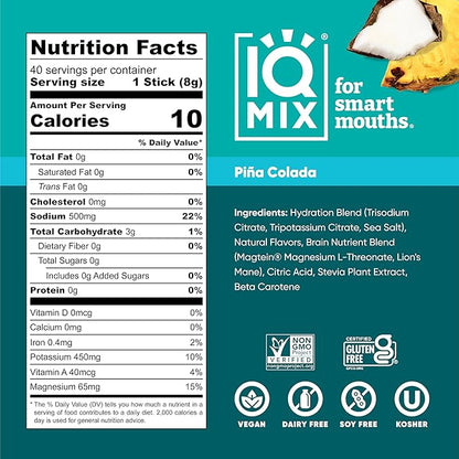 IQMIX Sugar Free Electrolytes Powder Packets - Hydration Supplement Drink Mix with Keto Electrolytes, Lions Mane, Magnesium L-Threonate, and Potassium Citrate - Piña Colada (40 Count)