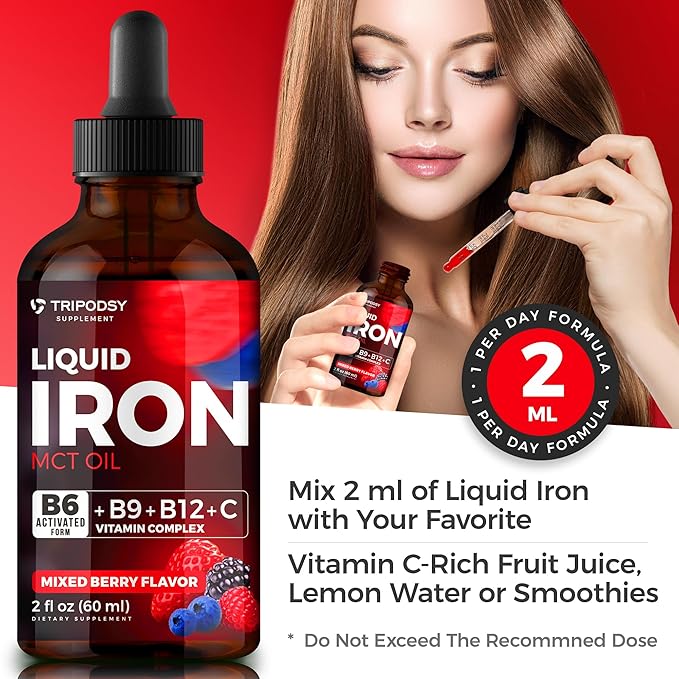 Iron Supplement for Women and Men - Iron Drops with B6, B9, B12, Vitamin C, Iron Vitamin for Anemia, Blood Builder, Folate for Red Blood Cell and Immune Support, MCT Oil (2 Fl Oz, Mixed Berry)