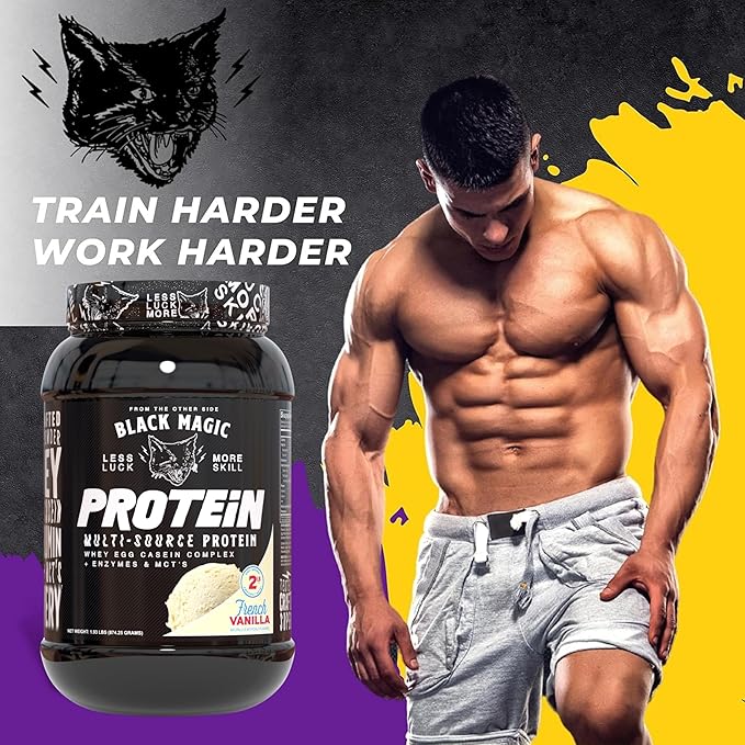 Worldwide Nutrition Black Magic Multi-Source Protein Powder - Whey, Egg Albumin Enzymes, Micellar Casein & MCTs - Muscle Mass Gaining - French Vanilla Flavor - 2 LB with Bonus Multi Purpose Key Chain