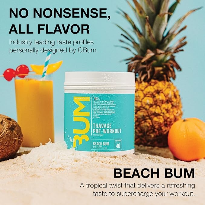 RAW Preworkout Powder, Thavage (Beach Bum) - Chris Bumstead Sports Nutrition Supplement for Men & Women - Cbum Pre Workout for Working Out, Hydration, Mental Focus & Energy - 40 Servings