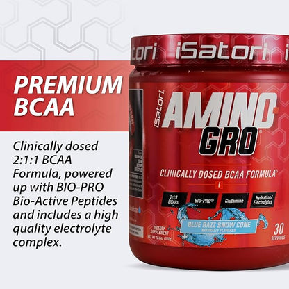 iSatori Amino-GRO BCAA Powder, Branched Chain Amino Acids with Glutamine, Electrolyte Powder & Bio-GRO Bio-Active Peptides for Muscle Growth & Post Workout Recovery, Blue Razz Snow Cone (30 Servings)