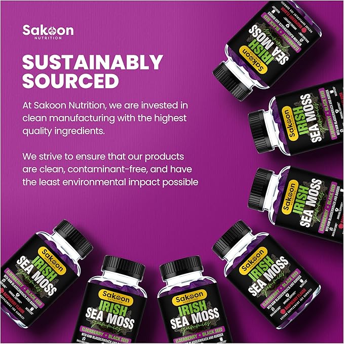 Sakoon nutrition Irish Sea Moss Gummies w/Elderberry & Black Seed Oil - Beauty, Joints & Immune Support | Rich in Vitamins, Raspberry Flavor | 60 Gummies