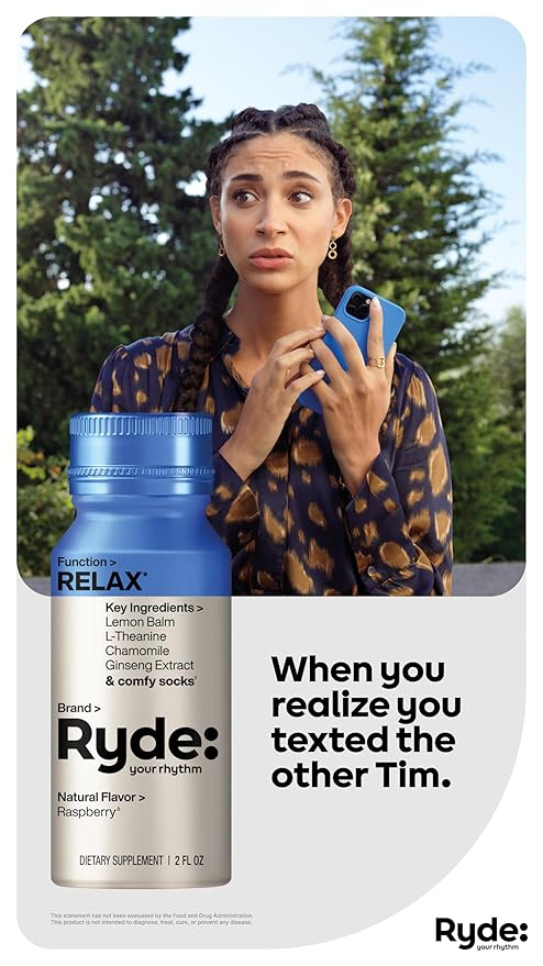 Ryde: Relax Shot | Raspberry Flavor | Lemon Balm, L-Theanine, Ginseng & Chamomile | 0 Calories, 0 Sugar | 2 FL OZ Shots | Helps You Relax* (8 Pack)