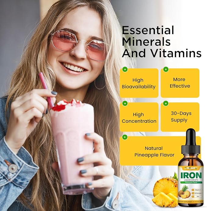 Liquid Iron Supplement for Women Men & Kids Multivitamin Iron Drops with Folate, Vitamin C, B6, B12, Zinc for Anemia, Iron Deficiency, Blood Builder, Energy - Natural Pineapple Flavor, Vegan 2 Fl Oz