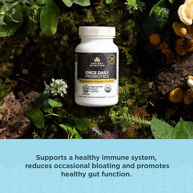 Ancient Nutrition Regenerative Organic Certified Probiotics, Daily Probiotics Once Daily, Healthy Digestion and Immune System Function Support, 25 Billion CFUs* Per Serving, 30 Count