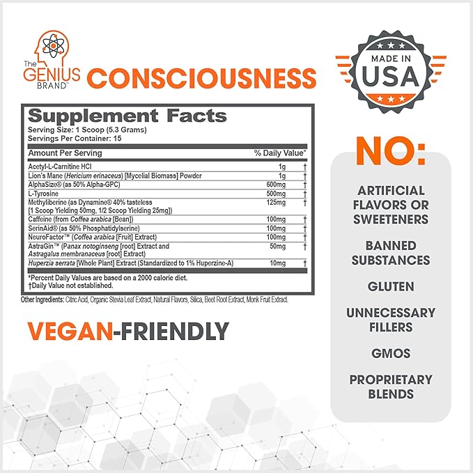 Genius Consciousness, Super Nootropic Brain Supplement Powder, Watermelon - Boost Focus, Cognitive Function, Concentration & Memory Booster - Alpha GPC & Lions Mane Mushroom for Neuro Energy & IQ