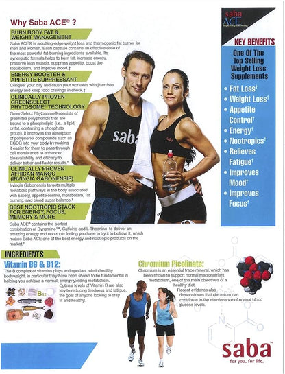 Saba ACE™- Weight Management, Suppress Hunger, Boost Energy, Enhance Mood, Boost Metabolism, and Increase Overall Performance -for Women and Men -60 Capsules