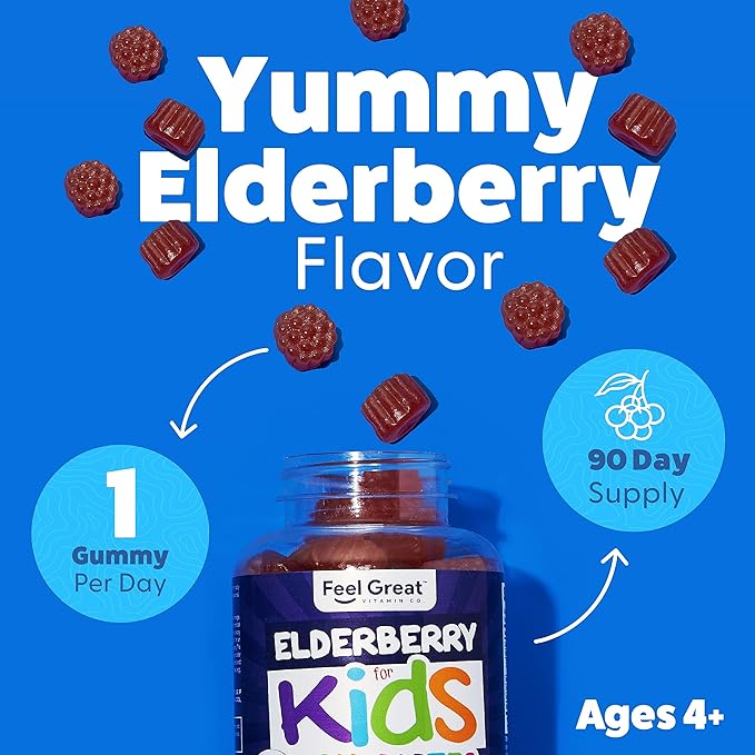 Feel Great Kids Elderberry Gummies with Zinc and Vitamin C | Kids Immune Support Sambucus Elderberry Gummies | Berry Flavored Vegan Kids Multivitamins | 90 Day Supply