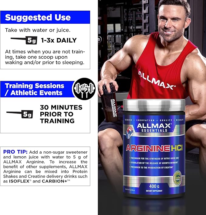 ALLMAX Essentials ARGININE HCL - 400 g - Precursor for Synthesis of Nitric Oxide - Vegan & Gluten Free - 200 Servings
