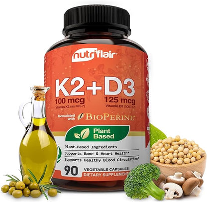 NutriFlair Vitamins D3 (5000iu/125mcg) + K2 (as Mk7) - Made with Plant-Based Ingredients Plus BioPerine Black Pepper Extract, 90 Capsules - Supports Healthy Immune, Heart and Health - Non-GMO Pills
