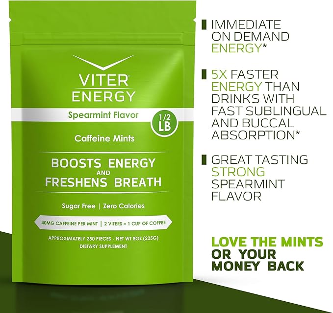 Viter Energy Caffeinated Mints 40mg Caffeine, B Vitamins, Sugar Free. (Spearmint, 8oz, Bulk Bag)