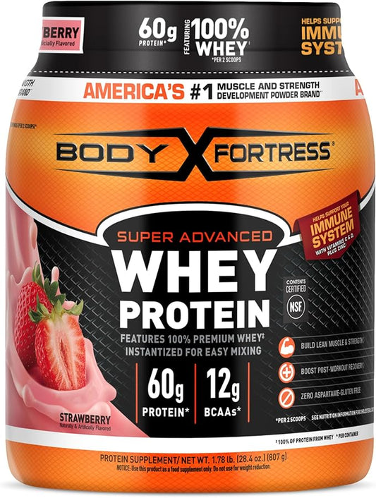 Body Fortress Super Advanced Whey Protein Powder, Strawberry, Immune Support (1), Vitamins C & D Plus Zinc, 1.78 lbs