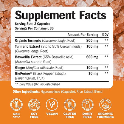 Turmeric Supplement with 65% Boswellia Extract Capsules - Turmeric Curcumin Supplement 95% Curcuminoids - Boswellia Serrata, Black Pepper, Organic Turmeric & Ginger root capsules - Tumeric Caps 2-Pack