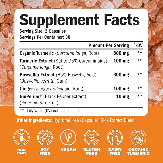 Turmeric Supplement with 65% Boswellia Extract Capsules - Turmeric Curcumin Supplement 95% Curcuminoids - Boswellia Serrata, Black Pepper, Organic Turmeric and Ginger Root Capsules - 60 Tumeric Caps