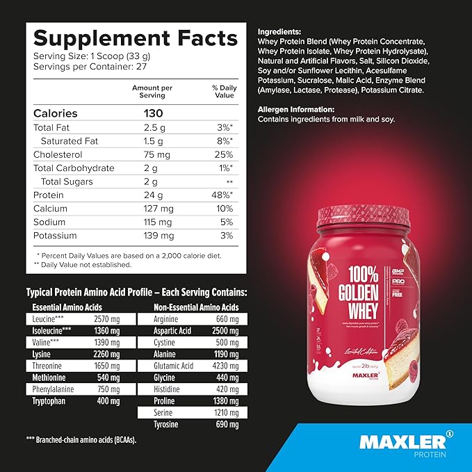 Maxler 100% Golden Whey Protein - 24g of Protein per Serving - Premium Whey Protein Powder for Pre Post Workout - Fast-Absorbing Whey Concentrate Isolate Hydrolysate Blend - Raspberry Cheesecake 2 lb