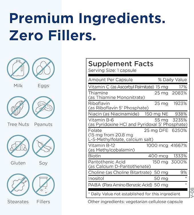 MethylPro B Complex + 15mg L-Methylfolate - Professional Strength Vitamin B Complex + Folate Supplement for Energy, Mood + Immune Support - Vitamin B12, Vitamin B6, Vitamin C + More - (30 Capsules)
