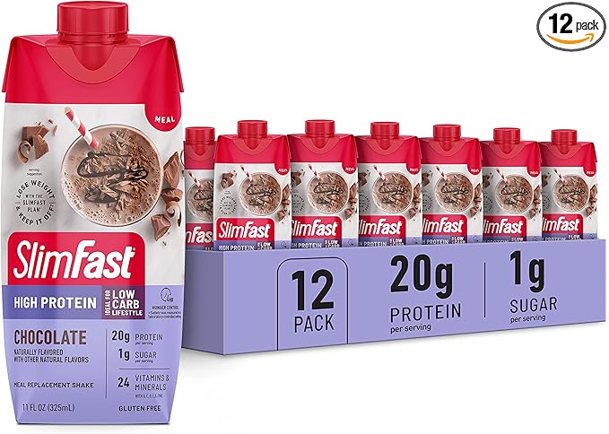 SlimFast Protein Shake, Chocolate- 20g Protein, Meal Replacement Shake Ready to Drink, High Protein with Low Carb and Low Sugar, 24 Vitamins and Minerals, 12 Count (Pack of 1) (Packaging May Vary)