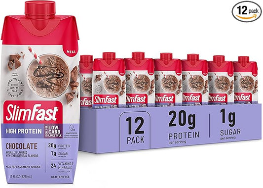 SlimFast Protein Shake, Chocolate- 20g Protein, Meal Replacement Shake Ready to Drink, High Protein with Low Carb and Low Sugar, 24 Vitamins and Minerals, 12 Count (Pack of 1) (Packaging May Vary)