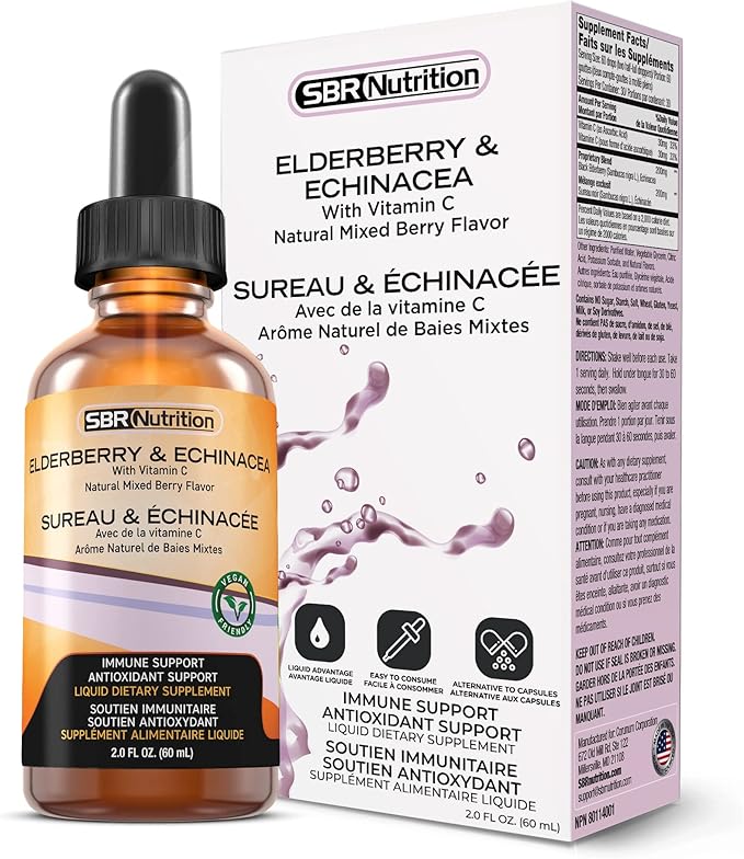 SBR Nutrition Immune Support Liquid Dietary Supplement for Adults, Elderberry and Echinacea with Vitamin C, Organic, Vegan Sambucus Extract Immune System Booster, 2 oz (60 mL)