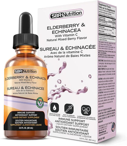 SBR Nutrition Immune Support Liquid Dietary Supplement for Adults, Elderberry and Echinacea with Vitamin C, Organic, Vegan Sambucus Extract Immune System Booster, 2 oz (60 mL)