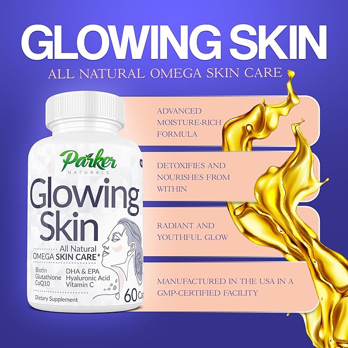 Glowing Skin Supplement - Biotin, Glutathione, Hyaluronic Acid, DHA/EPA Omega 3 Fish Oil, CoQ10, Vitamin C, All Natural Skin Care Supplement, 60 Caps