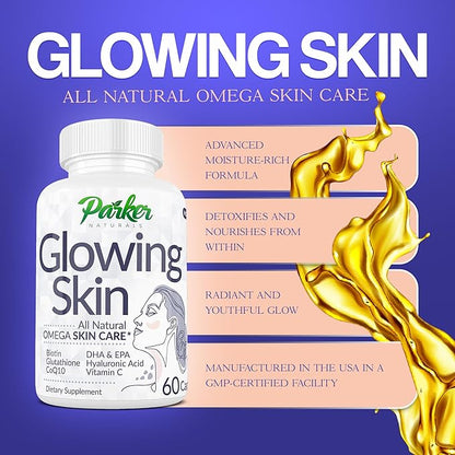 Glowing Skin Supplement - Biotin, Glutathione, Hyaluronic Acid, DHA/EPA Omega 3 Fish Oil, CoQ10, Vitamin C, All Natural Skin Care Supplement, 60 Caps