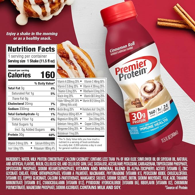 Premier Protein Shake, 30g Protein, 1g Sugar,24 Vitamins&Minerals Nutrients to Support Immune Health, Cinnamon Roll,11.5 fl oz - Pack of 12