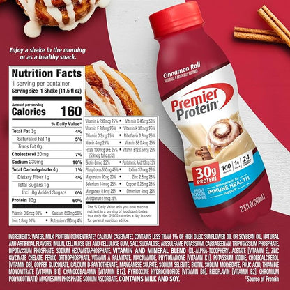 Premier Protein Shake, 30g Protein, 1g Sugar,24 Vitamins&Minerals Nutrients to Support Immune Health, Cinnamon Roll,11.5 fl oz - Pack of 12
