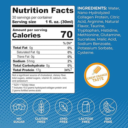 Liquid Collagen Protein Shot, 17g Clear Protein Nano-Hydrolyzed Grass Fed Collagen, 2g Arginine for Wound Support, Gluten Free, Sugar Free, 0g Carbs, Non GMO, Orange Creme, 30 fl oz Bottle