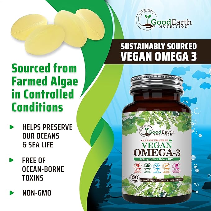 Vegan Omega 3 - Carrageenan Free Plant Based Algal DHA/EPA- 60 Veggie Softgels - Supports Brain, Heart, Joints & Prenatal Health - Essential Fatty Acids Supplements