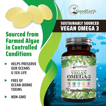 Vegan Omega 3 - Carrageenan Free Plant Based Algal DHA/EPA- 60 Veggie Softgels - Supports Brain, Heart, Joints & Prenatal Health - Essential Fatty Acids Supplements
