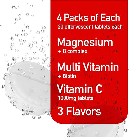 Effervescent Variety Pack with Vitamin C 1000mg, Magnesium + B Complex, Multivitamin + Biotin, 12-Pack, 240 Tablets