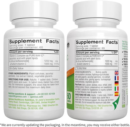 High Absorption Super Vitamin C, Clean Label Pureway-C 1000mg, Vegan Vitamin C with Bioflavonoids, 60 Servings, 24-Hour Action, Immune Health, Energy, Heart & Brain, by Igennus