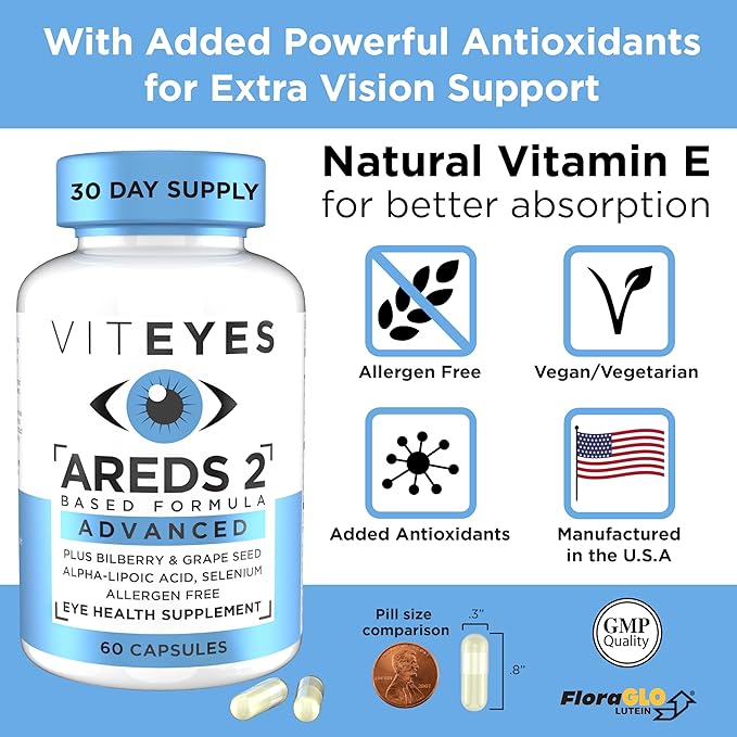 Viteyes AREDS 2 Advanced Macular Support with Bilberry, grapeseed, FLORAGLO Lutein, Selenium, Natural Vitamin E, Allergen Free, Eye Vitamins for Vision Protection, 60 Count