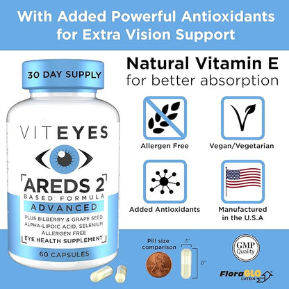 Viteyes AREDS 2 Advanced Macular Support with Bilberry, grapeseed, FLORAGLO Lutein, Selenium, Natural Vitamin E, Allergen Free, Eye Vitamins for Vision Protection, 60 Count