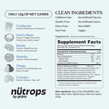 Gruns Nutrops Functional Nootropics Mushroom Gummies, Herbal Brain Supplement Gummy for Energy, Brain Health, Cognitive Support, Mood & Focus - Cordyceps, Lions Mane, Reishi, Chaga & Coriolus Blend