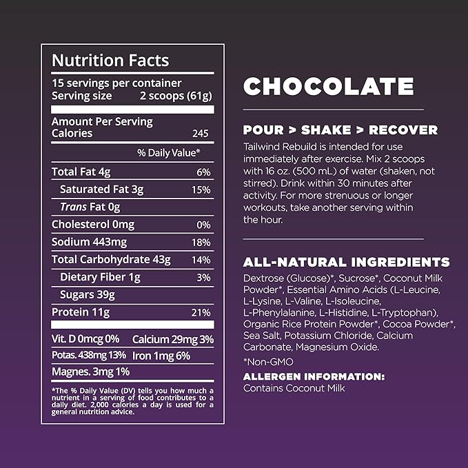Tailwind Nutrition Recovery Mix, Complete Protein, Carbohydrates, and Electrolytes Powder Drink Mix for Post-Workout, Free of Gluten, Soy, and Dairy, Vegan, 12 Servings, Chocolate
